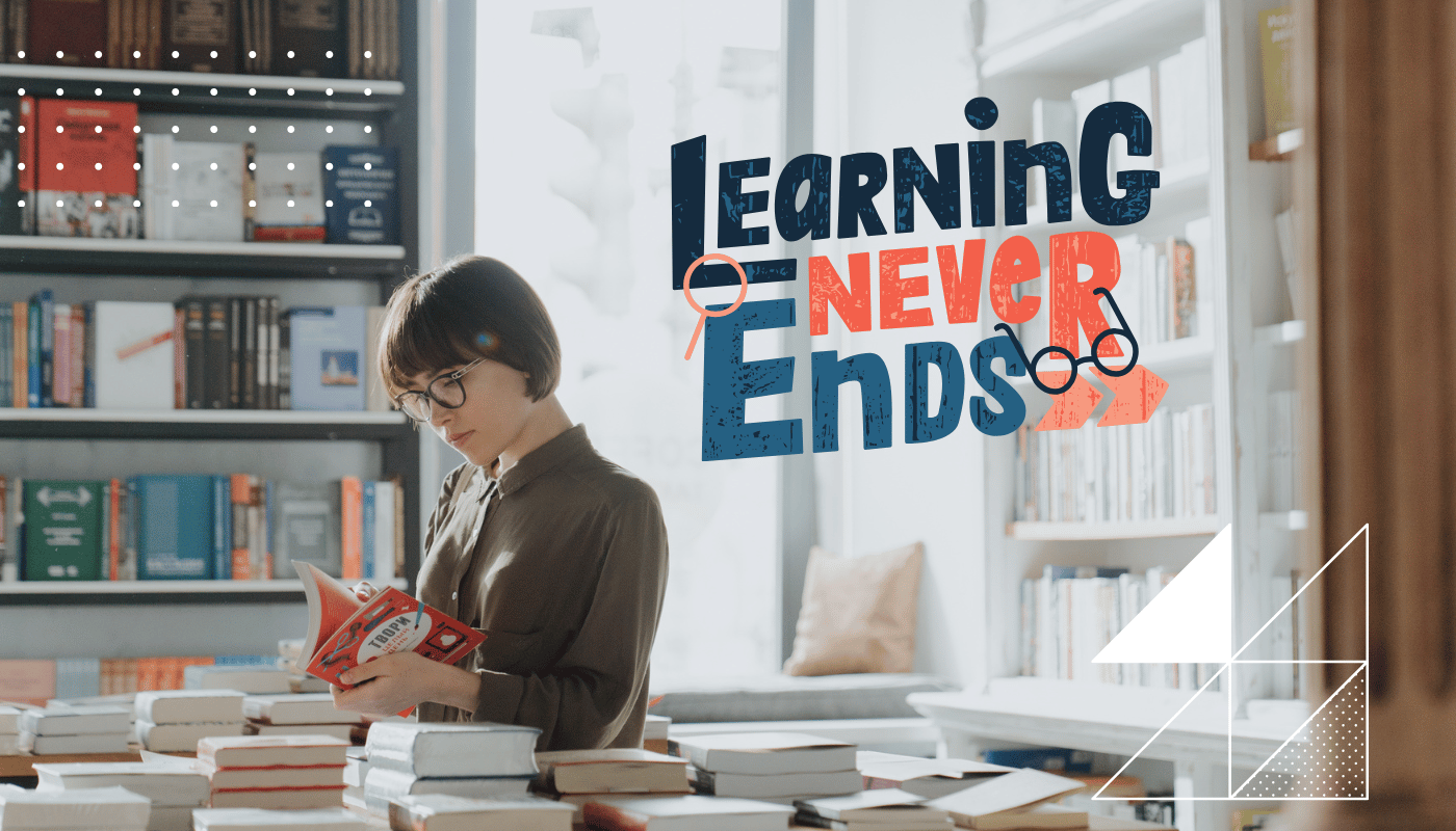 Learning Never Ends in a Cozy Library::A woman reading a book surrounded by shelves of colorful books, emphasizing the theme of continuous learning.